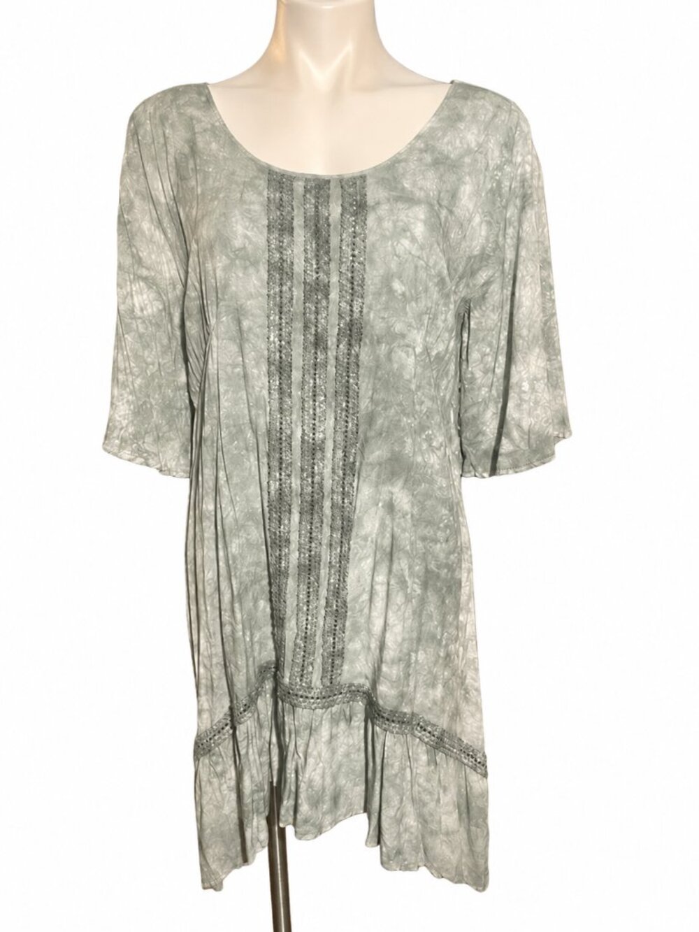 NWT Umgee Gray Boho Babydoll Dress Crochet Trim Hi Low Strappy Back M